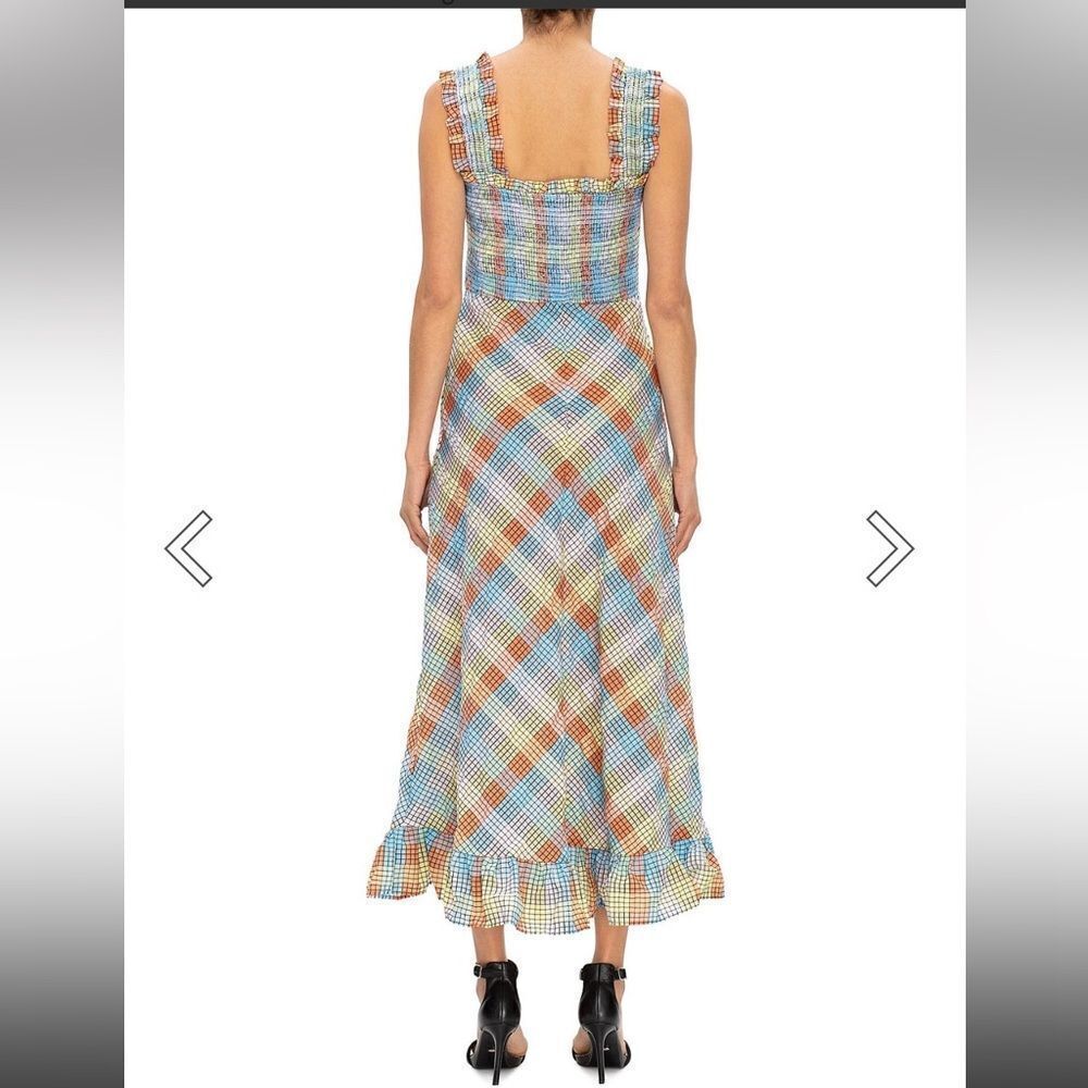 GANNI SEERSUCKER CHECK SLEEVELESS MIDI DRESS smocked cotton summer 42 L - Picture 2 of 14